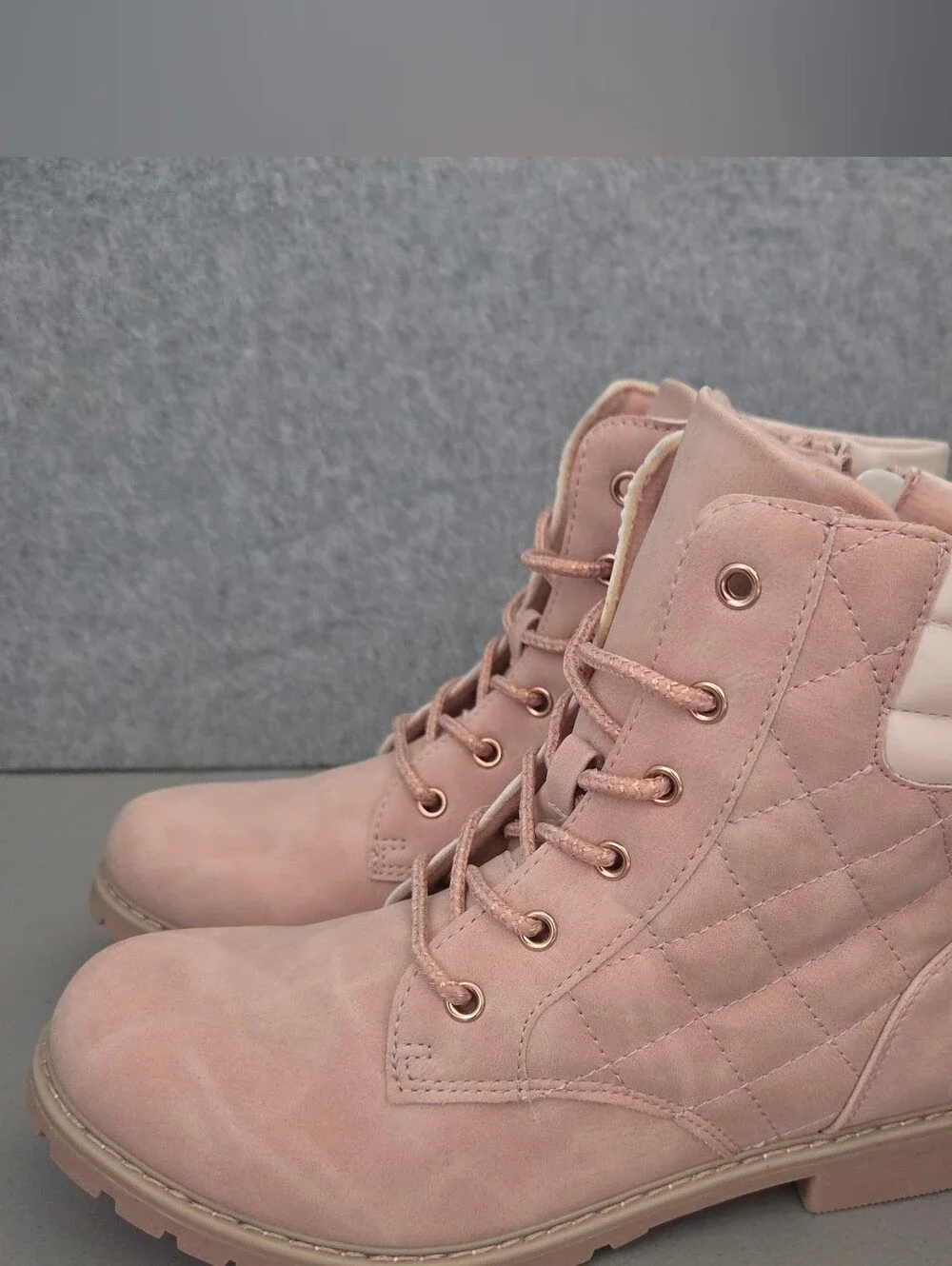 Girls Pink Quilted Lace-Up Ankle Boots